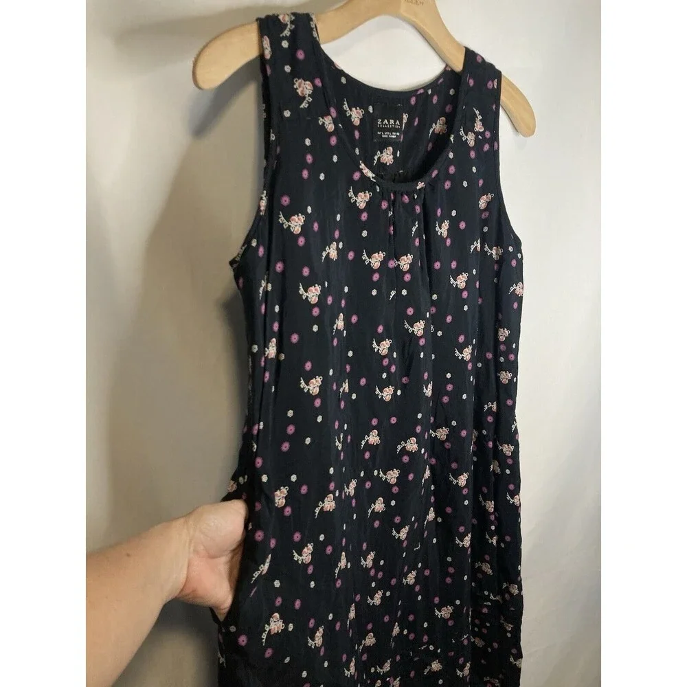 Zara Navy Blue Dress L Ditsy Floral Fairy Mini Sleeveless Pockets Knee Length